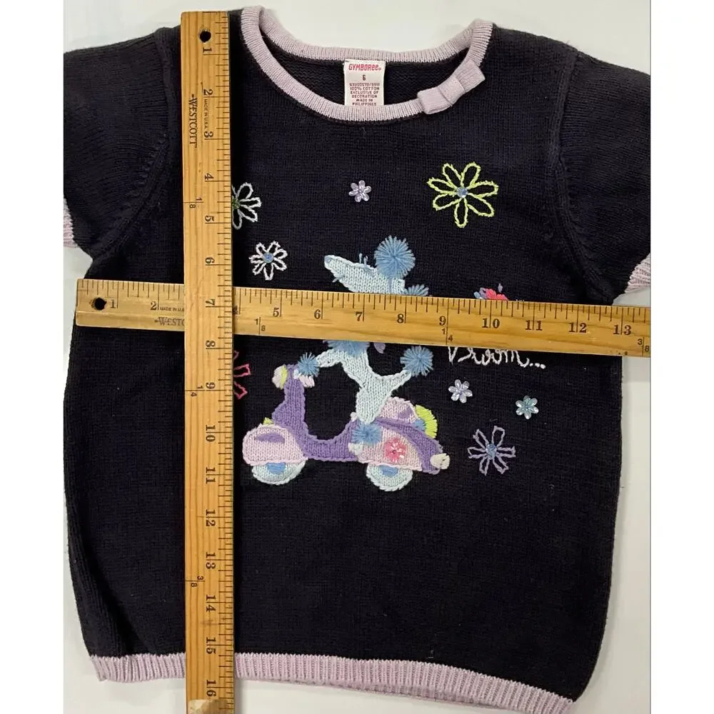 Girl's Gymboree Short Sleeve Sweater Sz 6 Navy Lilac Trim Embroidery Sequins